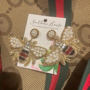 Red and Green Bee Earrings with pearls and rhinestones